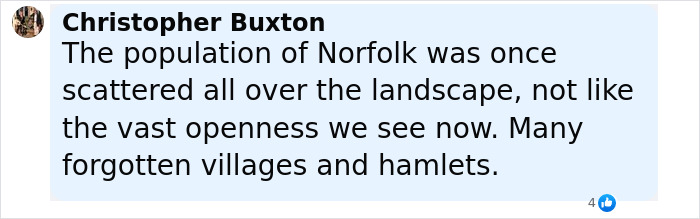 Comment from Christopher Buxton about Norfolk's scattered population, referencing forgotten villages and hamlets. Comment from Christopher Buxton about Norfolk's scattered population, referencing forgotten villages and hamlets.