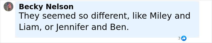 Comment by Becky Nelson comparing couples, mentioning Miley and Liam, and Jennifer and Ben, related to Katy Perry and Orlando Bloom breakup. Comment by Becky Nelson comparing couples, mentioning Miley and Liam, and Jennifer and Ben, related to Katy Perry and Orlando Bloom breakup.
