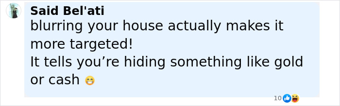 Comment about blurring houses on Google Maps linked to risk and targeting, with an emoji showing a smiling face.