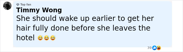 Comment by top fan Timmy Wong suggesting she should wake up earlier to complete her hair before leaving the hotel. Comment by top fan Timmy Wong suggesting she should wake up earlier to complete her hair before leaving the hotel.