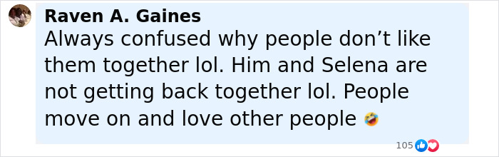 Comment by Raven A. Gaines discussing public opinions on relationships, related to Justin Bieber's marriage and mental struggles.