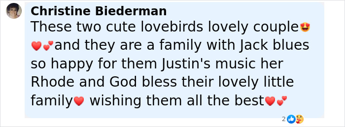 Screenshot of a Facebook comment praising a loving couple, relating to Justin Bieber&rsquo;s music and mental struggles.