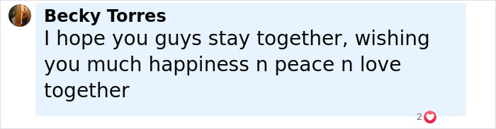 Comment from Becky Torres expressing hope for happiness and peace in relationship amid Justin Bieber&rsquo;s marriage and mental struggles.