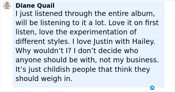Comment from Diane Quail sharing thoughts on Justin Bieber&rsquo;s new album and his marriage, reflecting on mental struggles.