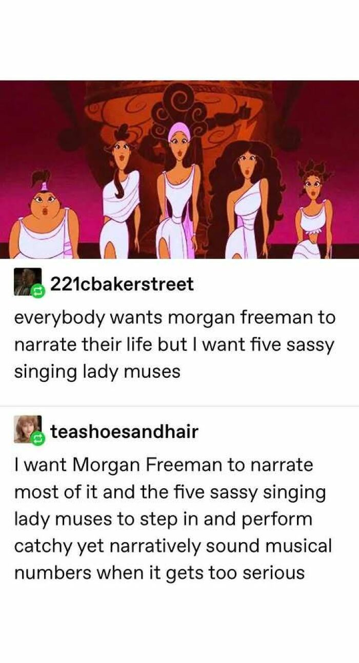 Five sassy singing lady muses from Hercules featured in a Tumblr post about random yet relatable moments.