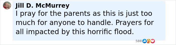 Comment by Jill D. McMurrey expressing prayers for parents and all affected by the Texas floods tragedy.