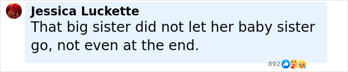 Comment saying that the big sister did not let her baby sister go, highlighting sisters who lost their lives in Texas floods.