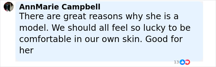 Comment by AnnMarie Campbell praising Winnie Harlow's confidence and modeling as a living piece of artwork. - 13