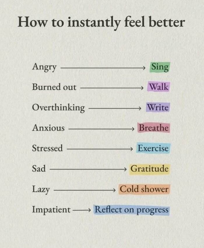 Infographic showing ways to instantly feel better with actions like sing, walk, write, breathe, and exercise for different feelings.