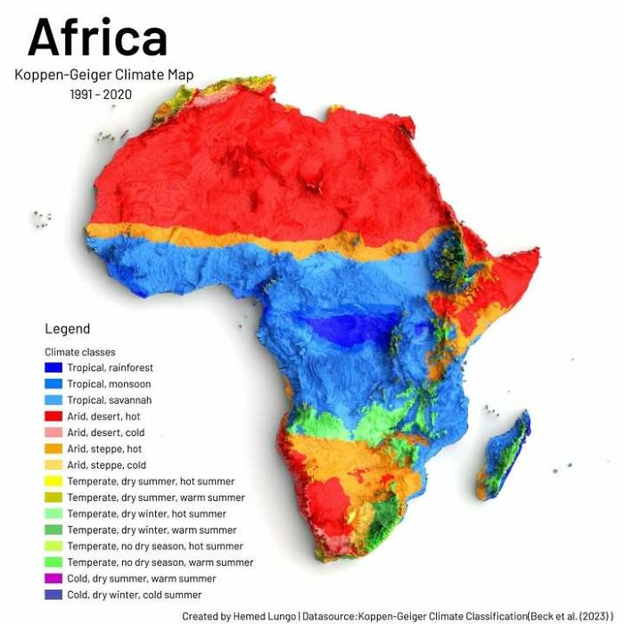 Color-coded Africa climate map infographic showing diverse climate classes and zones based on Koppen-Geiger data 1991-2020