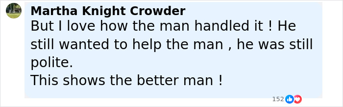 Comment by Martha Knight Crowder praising a man&rsquo;s polite handling of a racist sinkhole warning incident involving color.