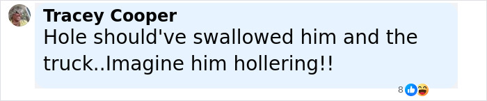 Comment about hole swallowing man and truck in a discussion about instant karma related to racist sinkhole warning refusal.