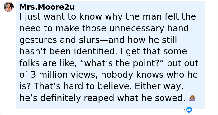 Screenshot of a social media comment discussing a man&rsquo;s racist behavior and the instant karma he faced after ignoring a sinkhole warning.
