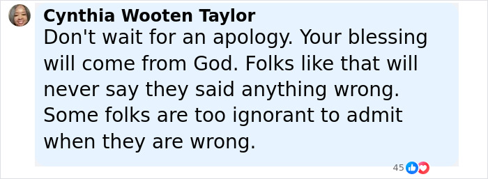 Facebook comment by Cynthia Wooten Taylor about ignorance after refusing a man's sinkhole warning due to his color.