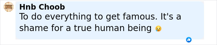 Comment reading To do everything to get famous It&rsquo;s a shame for a true human being expressing disappointment on social media about fame efforts