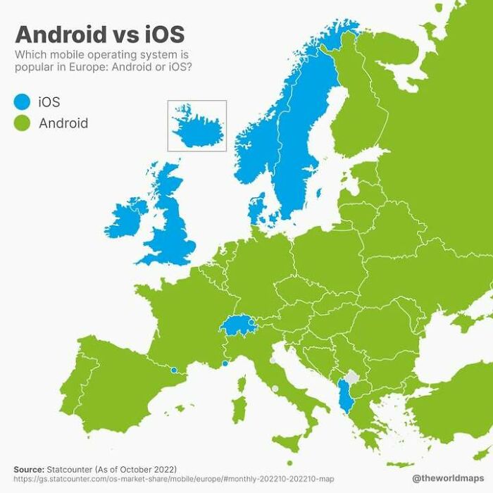 Map infographic showing Android vs iOS popularity across Europe, highlighting mobile operating system trends and data insights.
