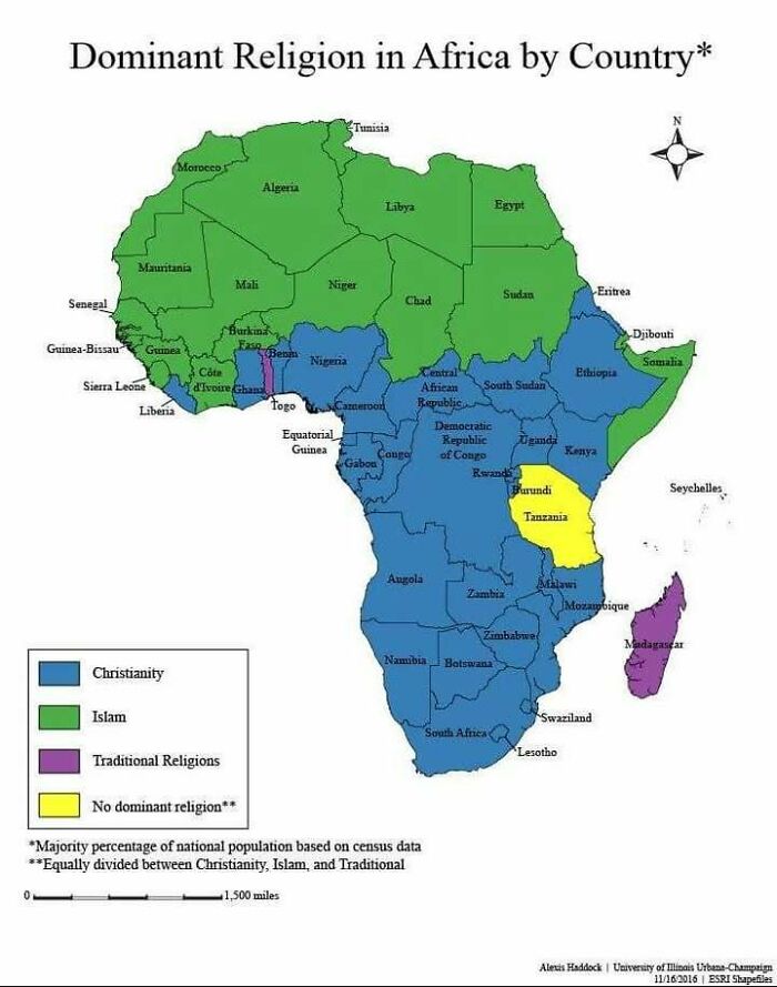 Map of dominant religions in Africa by country showing Christianity, Islam, traditional religions, and no dominant religion data.