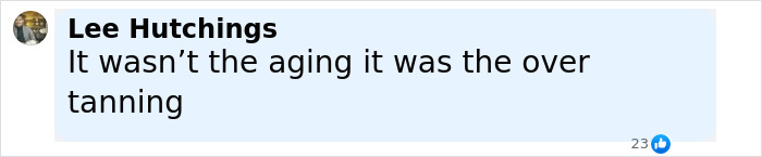 Comment from Lee Hutchings discussing over tanning as part of Ulrika Jonsson shutting down trolls in emotional post.