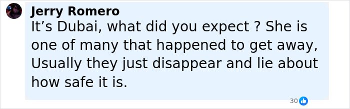 Comment mentioning Dubai and skepticism about safety, referencing an incident involving a model's mom who was scalped. - 22