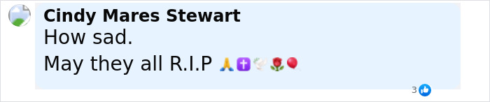 Facebook comment expressing sadness and condolences with prayer and rose emojis regarding a tragic family incident.