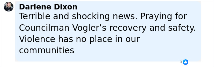 Comment by Darlene Dixon expressing shock and prayers for Virginia councilman after horrifying attack incident.