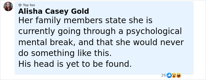 Comment by Alisha Casey Gold discussing reality star charged with murder and boyfriend's headless body case.