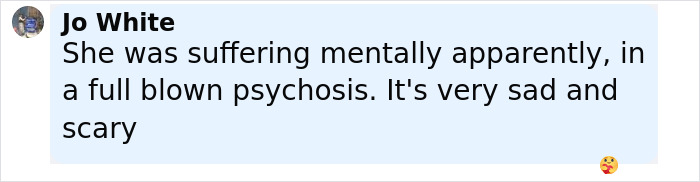 Comment by Jo White about mental health struggles related to reality star charged with murder case.