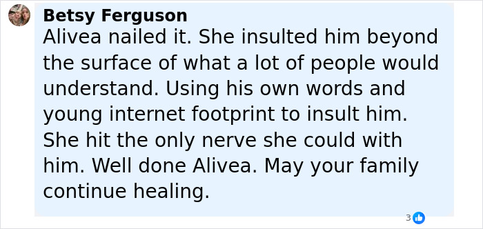 Comment from Betsy Ferguson praising Alivea's takedown of Bryan Kohberger during Idaho massacre trial goes viral. - 27
