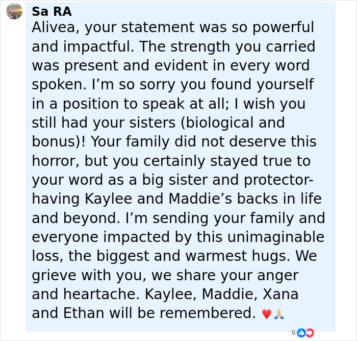 Comment praising Idaho massacre victim Kaylee Goncalves' sister for her powerful trial statement against Bryan Kohberger. - 11