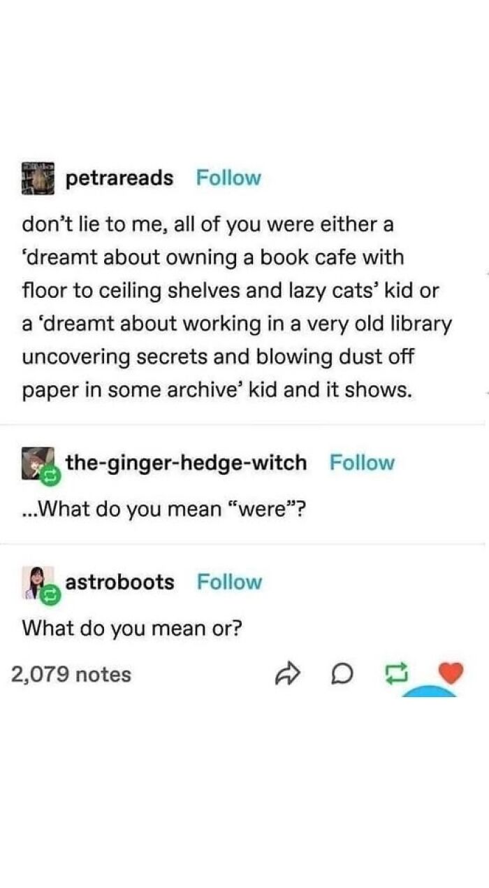 Tumblr posts sharing relatable dreams of owning a book cafe or working in a library with vintage archives.