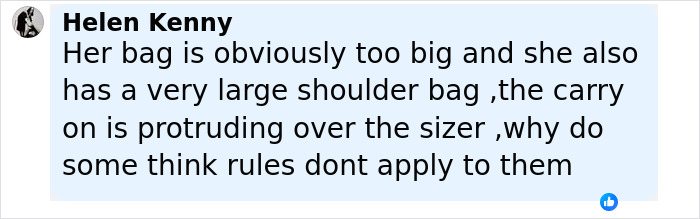 Comment from Helen Kenny criticizing a Ryanair passenger’s oversized luggage causing a boarding denial incident. - 23
