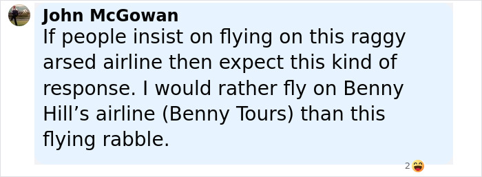 Comment from John McGowan expressing frustration over Ryanair passenger's dramatic meltdown about luggage size denial. - 29