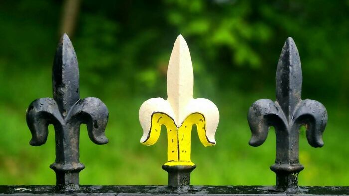 Black and yellow fleur-de-lis metal fence posts showing chaotic mix of trash and culture in a colorful outdoor setting