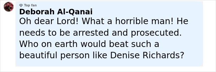 Screenshot of a social media comment reacting to Denise Richards accusing her estranged husband of assault. Screenshot of a social media comment reacting to Denise Richards accusing her estranged husband of assault.