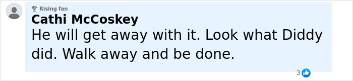 Comment by user Cathi McCoskey expressing opinion on Denise Richards' estranged husband assault allegations. Comment by user Cathi McCoskey expressing opinion on Denise Richards' estranged husband assault allegations.