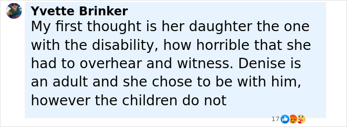 Comment discussing Denise Richards, mentioning her daughter, disability, and the accusation against estranged husband of assault. Comment discussing Denise Richards, mentioning her daughter, disability, and the accusation against estranged husband of assault.