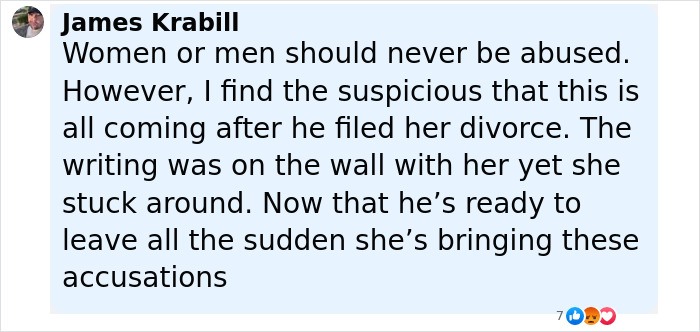 Comment by James Krabill expressing skepticism about assault accusations in the Denise Richards case. Comment by James Krabill expressing skepticism about assault accusations in the Denise Richards case.