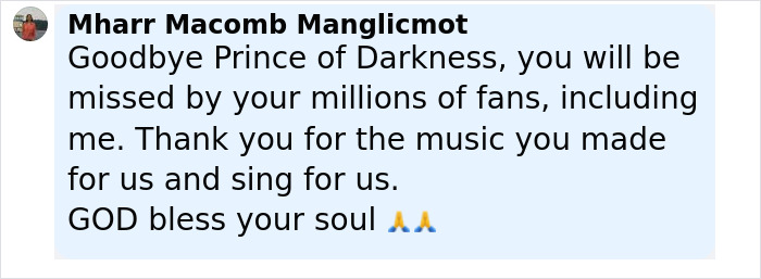 Comment expressing farewell and gratitude to Ozzy from fans as Black Sabbath shares emotional statements on his passing.