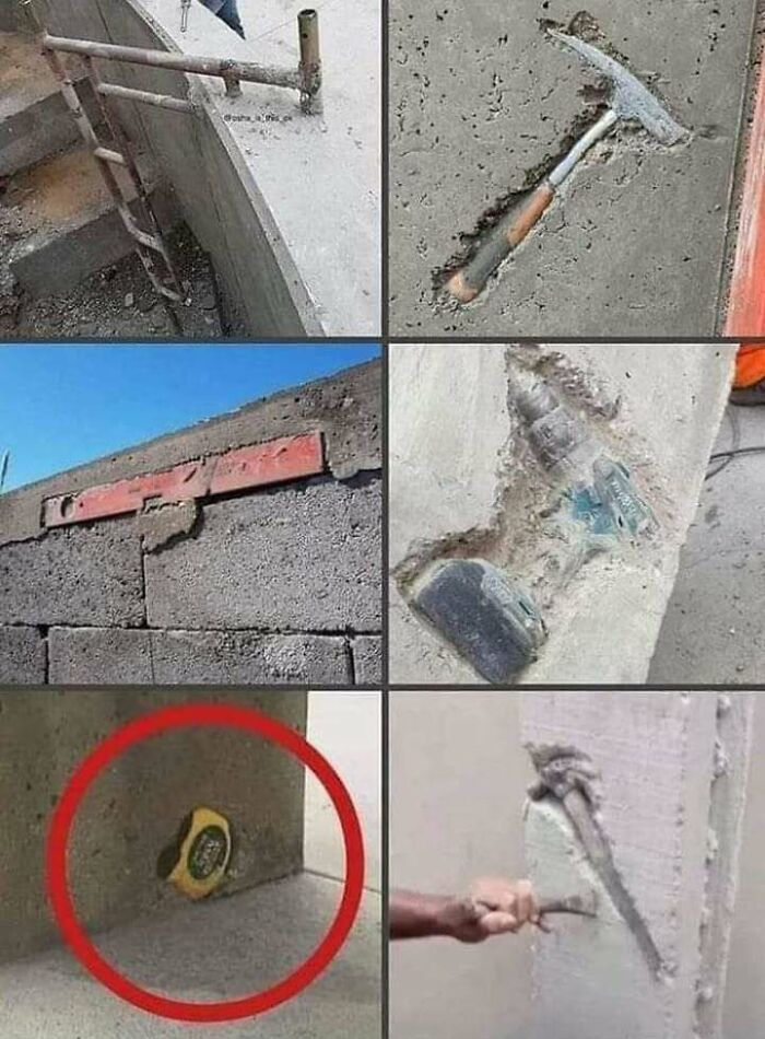 Construction site with hilariously dumb engineering mistakes involving tools embedded in concrete and misplaced equipment.