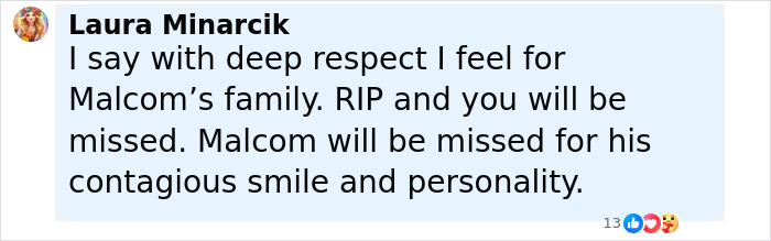 Facebook comment expressing sympathy for Malcolm-Jamal Warner after his tragic accident, with mention of Bill Cosby breaking his silence. - 13