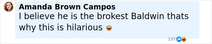 User comment about the brokest Baldwin, reacting humorously to Hailey Bieber&rsquo;s dad Stephen and her $1B Rhode sale amid family rift.