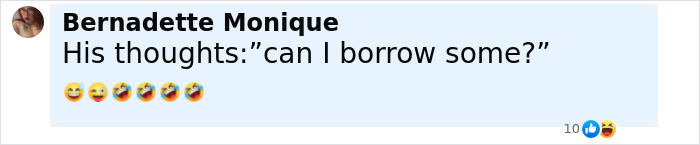 Comment on a social media post reading can I borrow some, reacting with laughing emojis to Hailey Bieber&rsquo;s $1B Rhode sale family rift discussion.