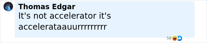 Comment from Thomas Edgar discussing a humorous misspelling of accelerator with laughing reactions visible. - 14