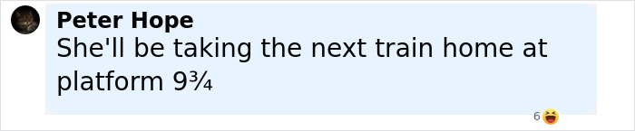 Screenshot of a social media comment by Peter Hope joking about taking the next train home at platform 9¾. - 21