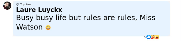 Comment from top fan Laure Luyckx mentioning busy life and rules related to Emma Watson amid legal trouble and possible ban. - 19