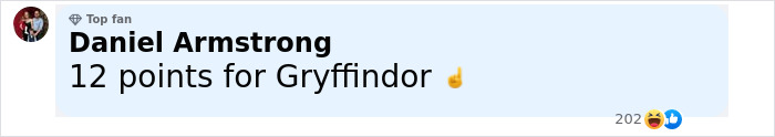 Comment from Daniel Armstrong, top fan, congratulating Gryffindor with a pointing finger emoji on a social platform. - 11