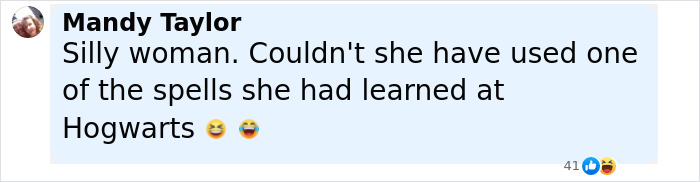 User comment text on social media by Mandy Taylor, joking about using spells at Hogwarts, related to Emma Watson legal trouble. - 15