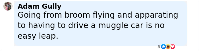 Comment by Adam Gully about driving a muggle car, referencing Emma Watson’s legal trouble and potential two-year ban. - 17