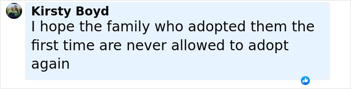 Comment from Kirsty Boyd expressing hope that the family who adopted Latina daughters is never allowed to adopt again.