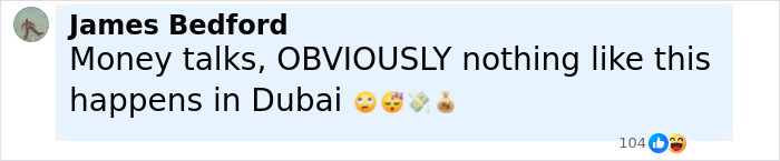 Comment about money and incidents happening in Dubai, with emojis expressing disbelief and surprise. - 20